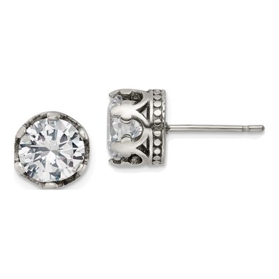 Stainless Steel Round CZ Crown Stud Earrings