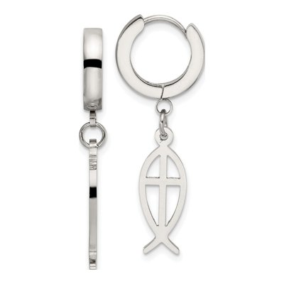Stainless Steel 37mm Ichthus Huggie Hoop Earrings
