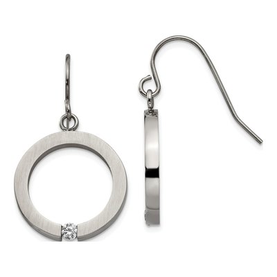 Stainless Steel CZ Circle Shepherd Hook Dangle Earrings