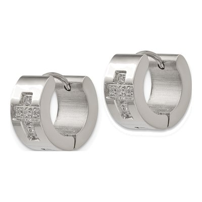 Stainless Steel 12mm CZ Cross Huggie Hoop Earrings – view 3