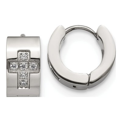 Stainless Steel 12mm CZ Cross Huggie Hoop Earrings