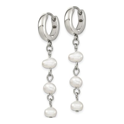 Stainless Steel 43mm Freshwater Cultured Pearl Huggie Hoop Earrings – view 3