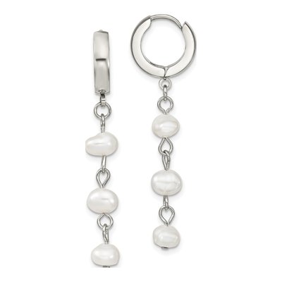 Stainless Steel 43mm Freshwater Cultured Pearl Huggie Hoop Earrings