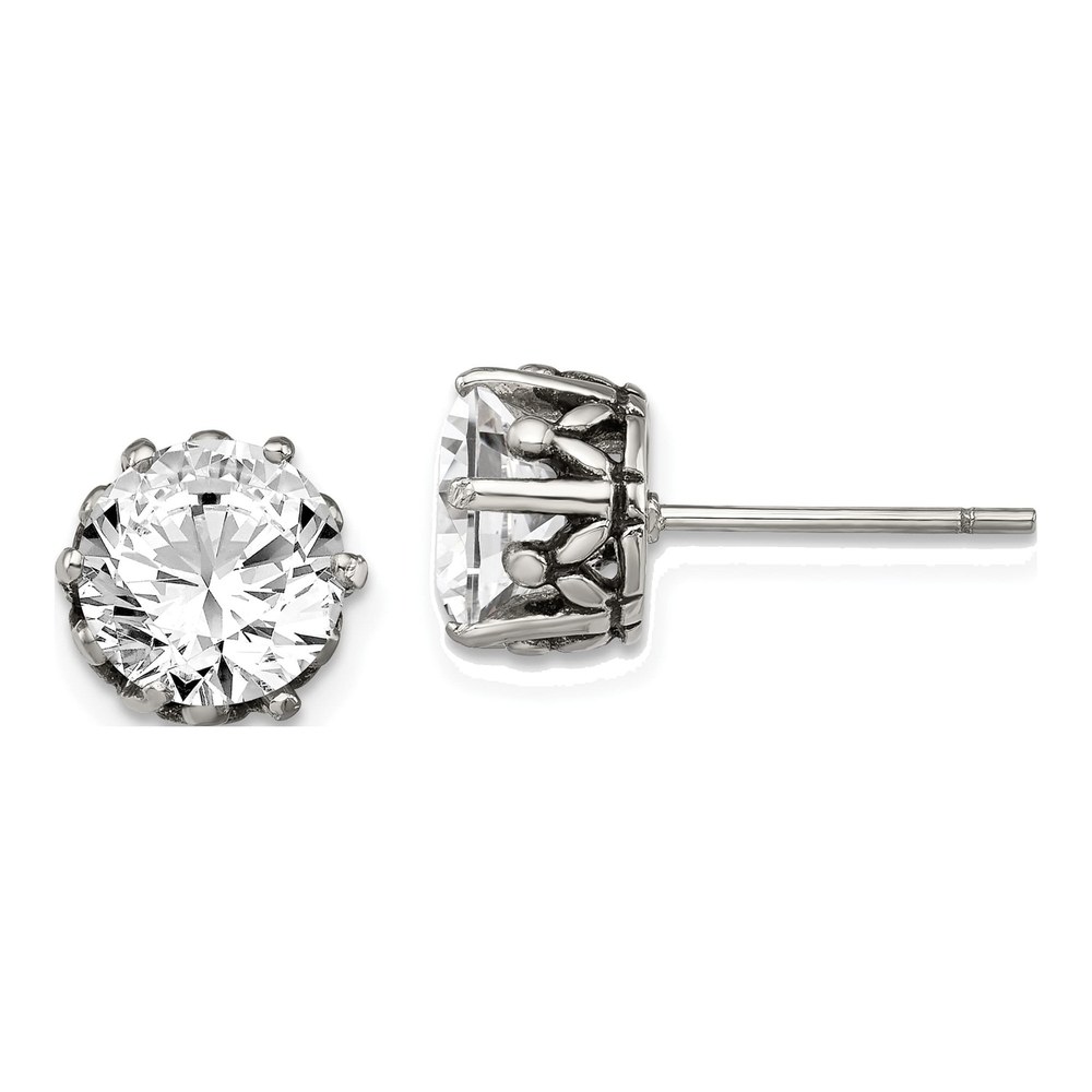 Stainless Steel Round CZ Antiqued Stud Earrings