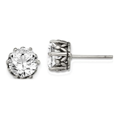 Stainless Steel Round CZ Antiqued Stud Earrings