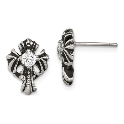 Stainless Steel Round CZ Cross Stud Earrings