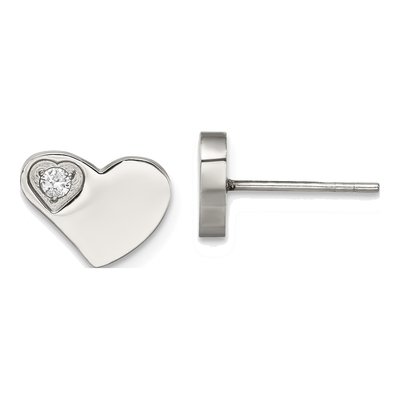 Stainless Steel Round CZ Heart Stud Earrings