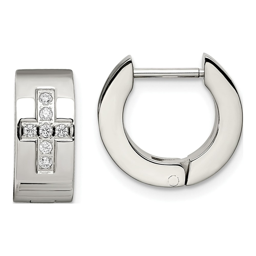 Stainless Steel 9mm CZ Cross Huggie Hoop Earrings