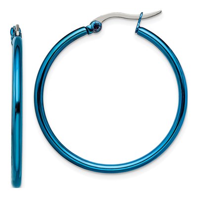 Stainless Steel 29mm Blue IP Hoop Earrings