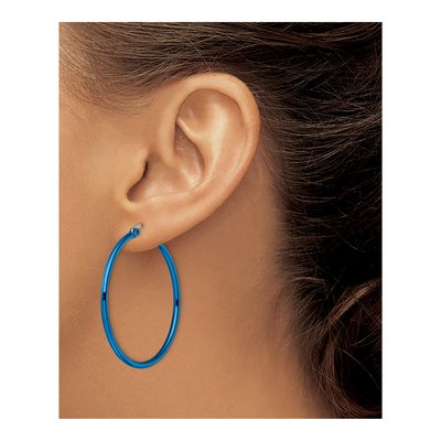 Stainless Steel 34mm Blue IP Hoop Earrings – view 6