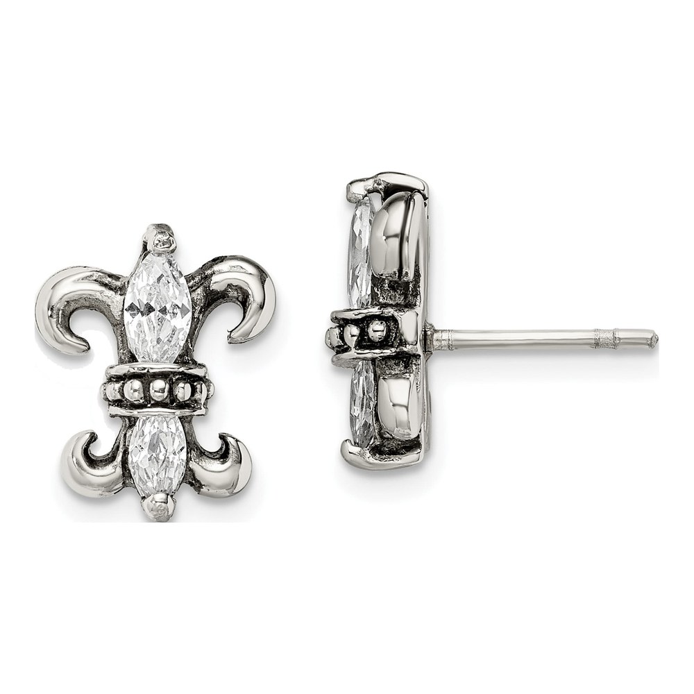 Stainless Steel CZ Fleur de Lis Stud Earrings
