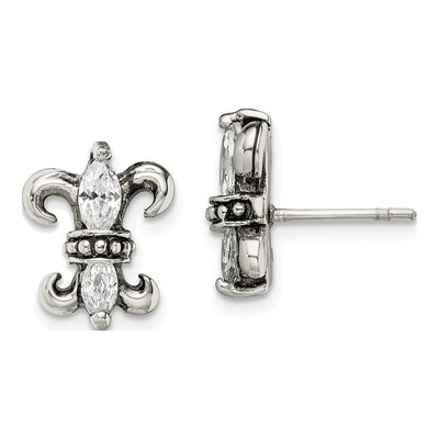 Stainless Steel CZ Fleur de Lis Stud Earrings
