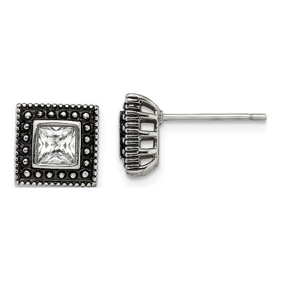 Stainless Steel CZ Square Stud Earrings