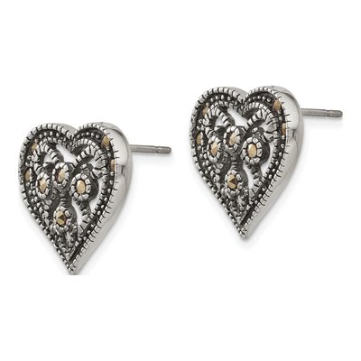 Stainless Steel Marcasite Heart Stud Earrings – view 4