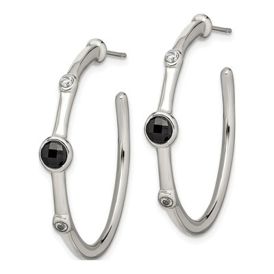 Stainless Steel 35mm Onyx & CZ Hoop Earrings – view 4