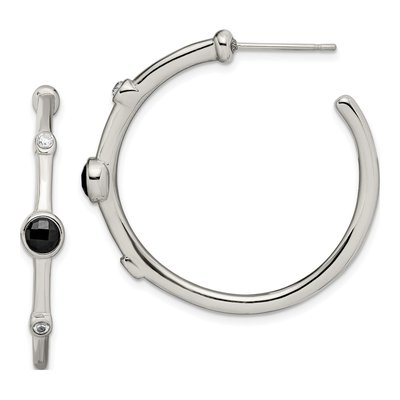 Stainless Steel 35mm Onyx & CZ Hoop Earrings
