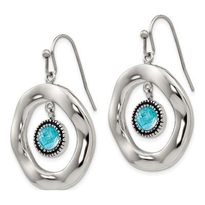 Stainless Steel Wavy Circle Blue Glass Dangle Earrings – view 4