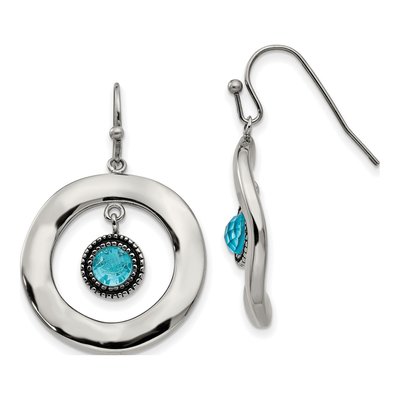 Stainless Steel Wavy Circle Blue Glass Dangle Earrings