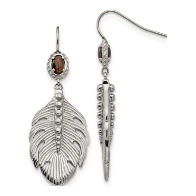 Stainless Steel Smoky Quartz Feather Dangle Earrings