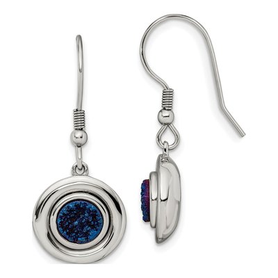 Stainless Steel Blue Druzy Dangle Earrings