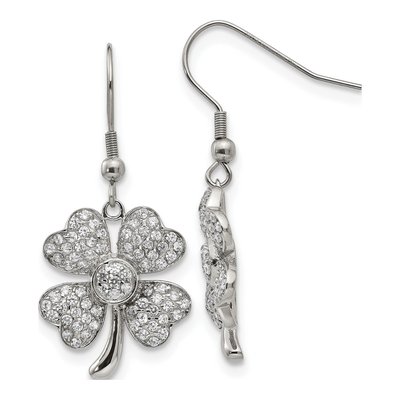 Stainless Steel CZ Four-Leaf Clover Dangle Earrings