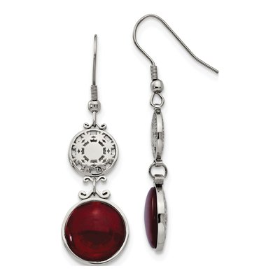 Stainless Steel Red Glass Dangle Earrings