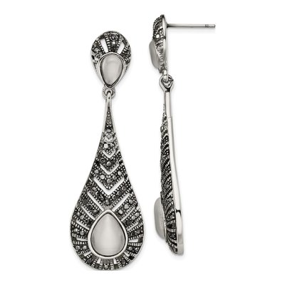 Stainless Steel Marcasite Cat's Eye Dangle Earrings