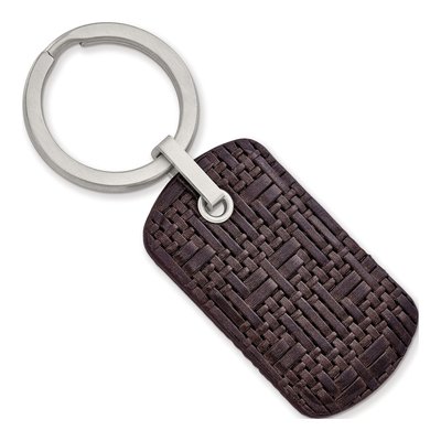Steel Brown Leather Woven Key Ring