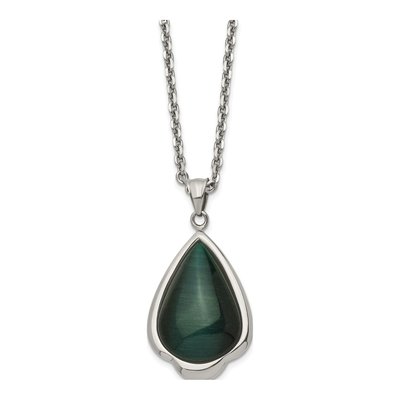 Stainless Steel Green Cat's Eye Teardrop Pendant Necklace