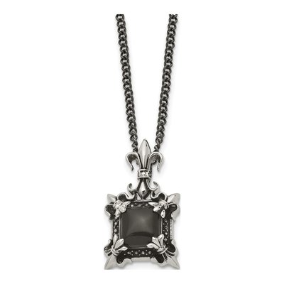 Stainless Steel Agate Fleur de Lis Pendant Necklace