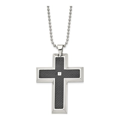 Stainless Steel 1/10 ct tw Diamond Carbon Fiber Cross Pendant Necklace