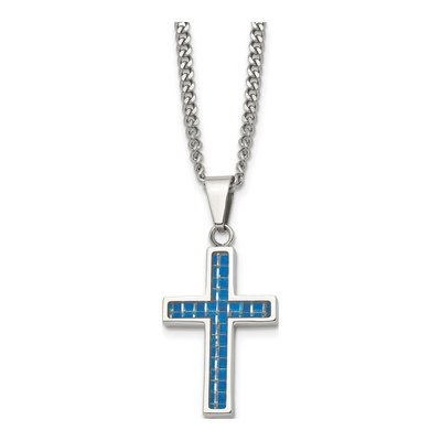 Stainless Steel Blue Carbon Fiber Cross Pendant Necklace