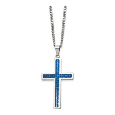 Stainless Steel Blue Carbon Fiber Cross Pendant Necklace