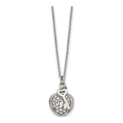Stainless Steel CZ Heart Lock Key Pendant Necklace