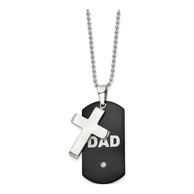 Black Stainless Steel CZ DAD Dog Tag Cross Pendant Necklace
