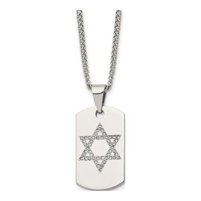 Stainless Steel CZ Star of David Dog Tag Necklace