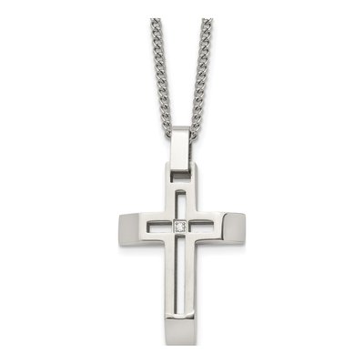 Stainless Steel CZ Cross Pendant Necklace