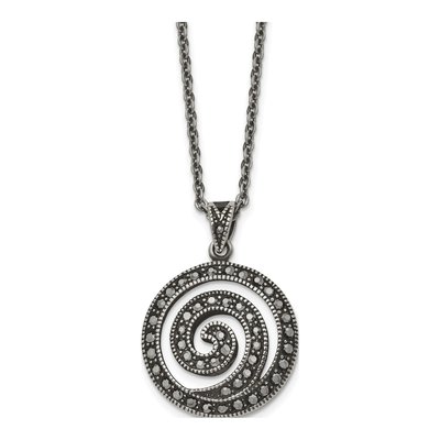 Stainless Steel Marcasite Swirl Pendant Necklace