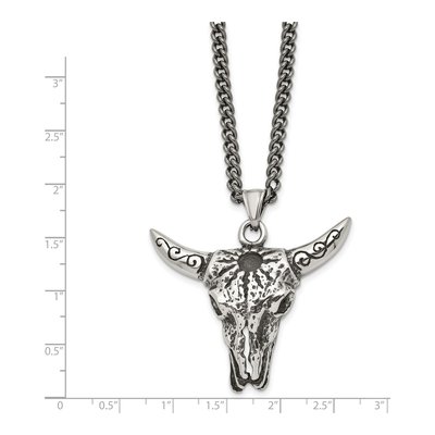Stainless Steel Antiqued Textured Bull Skull on Curb Pendant Necklace – view 4