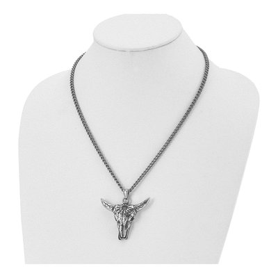 Stainless Steel Antiqued Textured Bull Skull on Curb Pendant Necklace – view 5