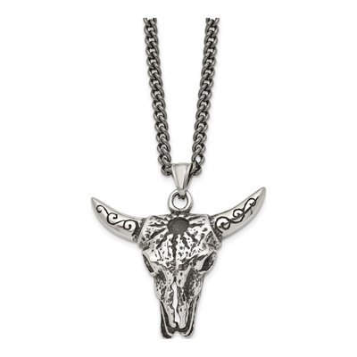 Stainless Steel Antiqued Textured Bull Skull on Curb Pendant Necklace