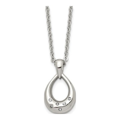 Stainless Steel CZ Teardrop Pendant Necklace