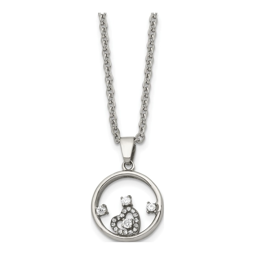 Stainless Steel CZ Circle & Heart Necklace, 18"