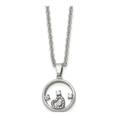 Stainless Steel CZ Circle Heart Pendant Necklace