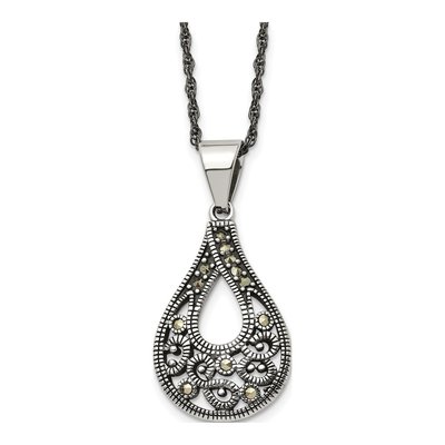 Stainless Steel Marcasite Teardrop Pendant Necklace