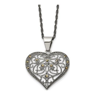Stainless Steel Crystal Marcasite Heart Pendant Necklace
