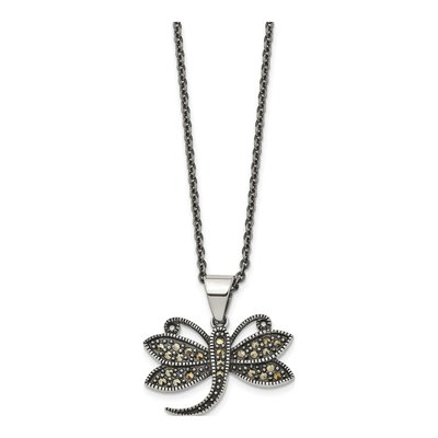 Stainless Steel CZ Dragonfly Marcasite Pendant Necklace – view 4
