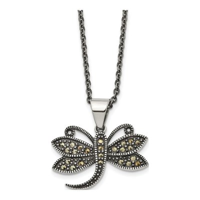 Stainless Steel CZ Dragonfly Marcasite Pendant Necklace