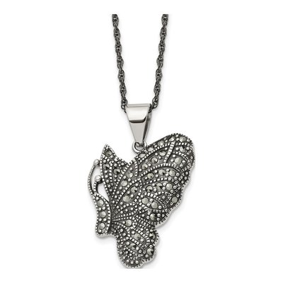 Stainless Steel Marcasite Butterfly Pendant Necklace