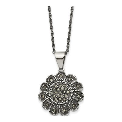 Stainless Steel Marcasite Flower Pendant Necklace